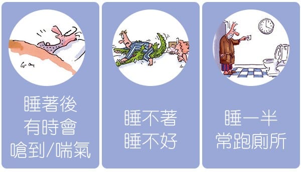 夜間症狀：睡著後有時會嗆到、睡不著睡不好、睡一半常跑廁所